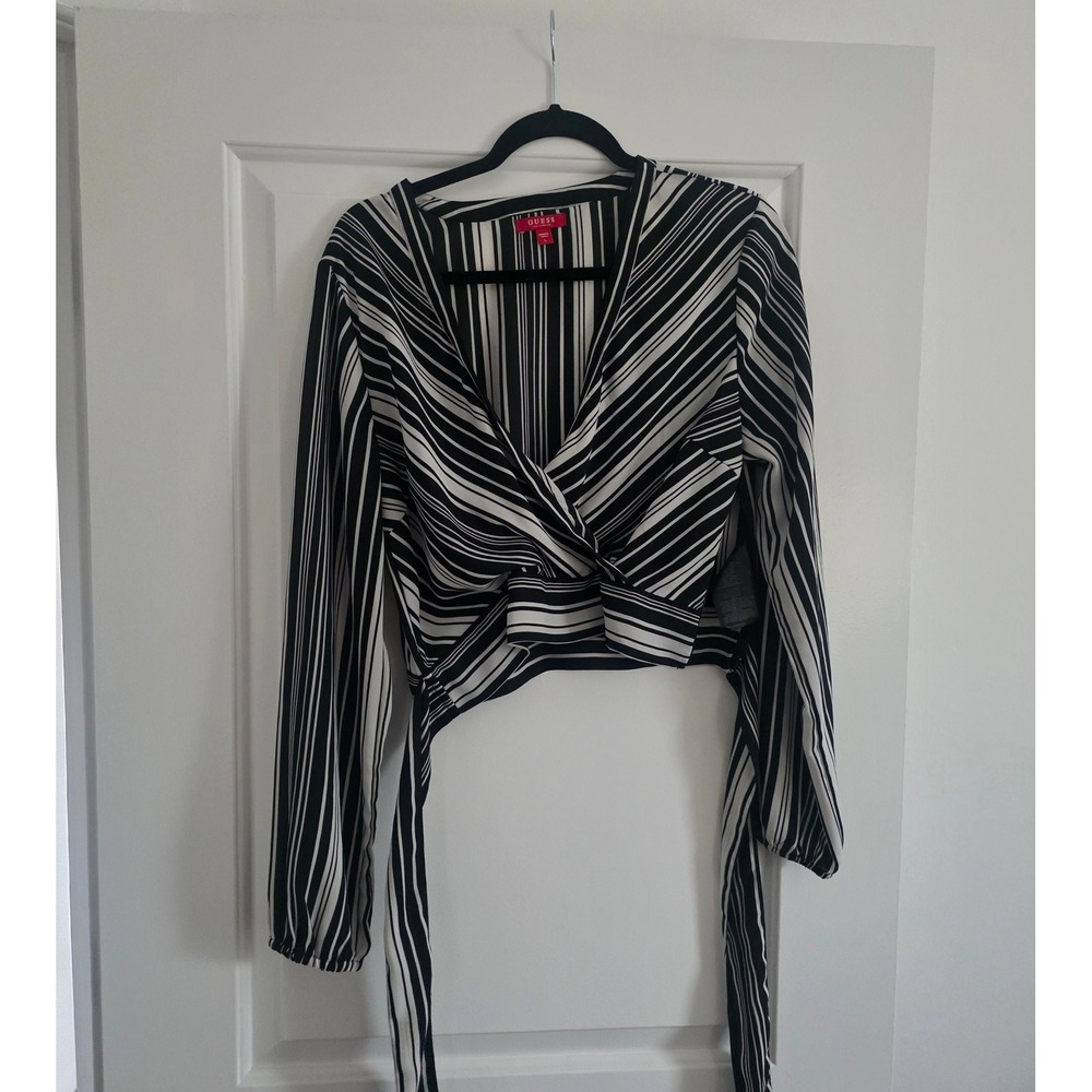 Guess Los Angeles Striped Wrap Crop Top Black White Long Sleeve V-Neck Large